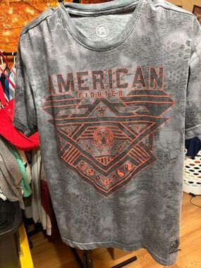 American Fighter Gray Short-Sleeve Graphic Tee with Orange Print